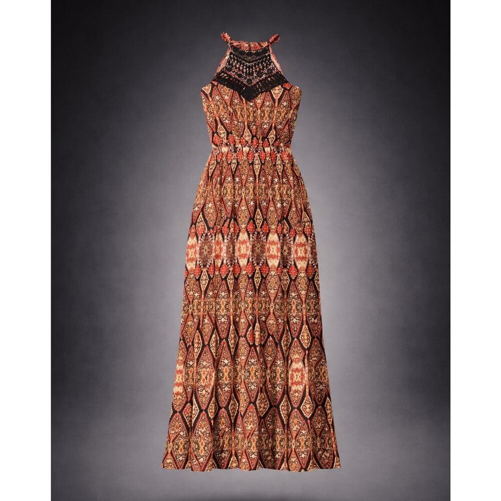 New No Comment Boho Maxi Dress XL Brown Crochet Front Detail Sleeveless Long